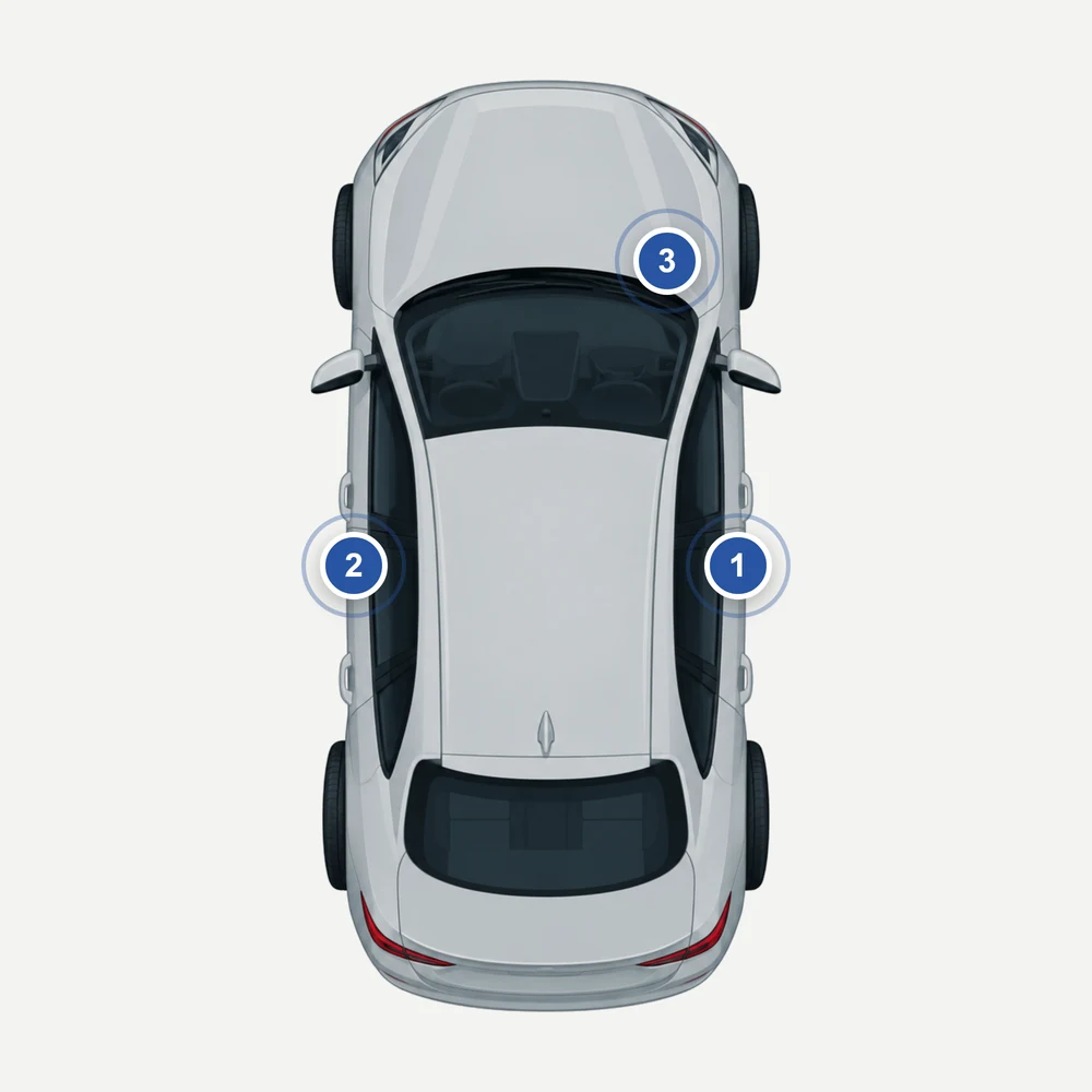Mini von oben: Markierung 1 Türholm Beifahrerseite, Markierung 2 Türholm Fahrerseite, Markierung 3 Motorraum