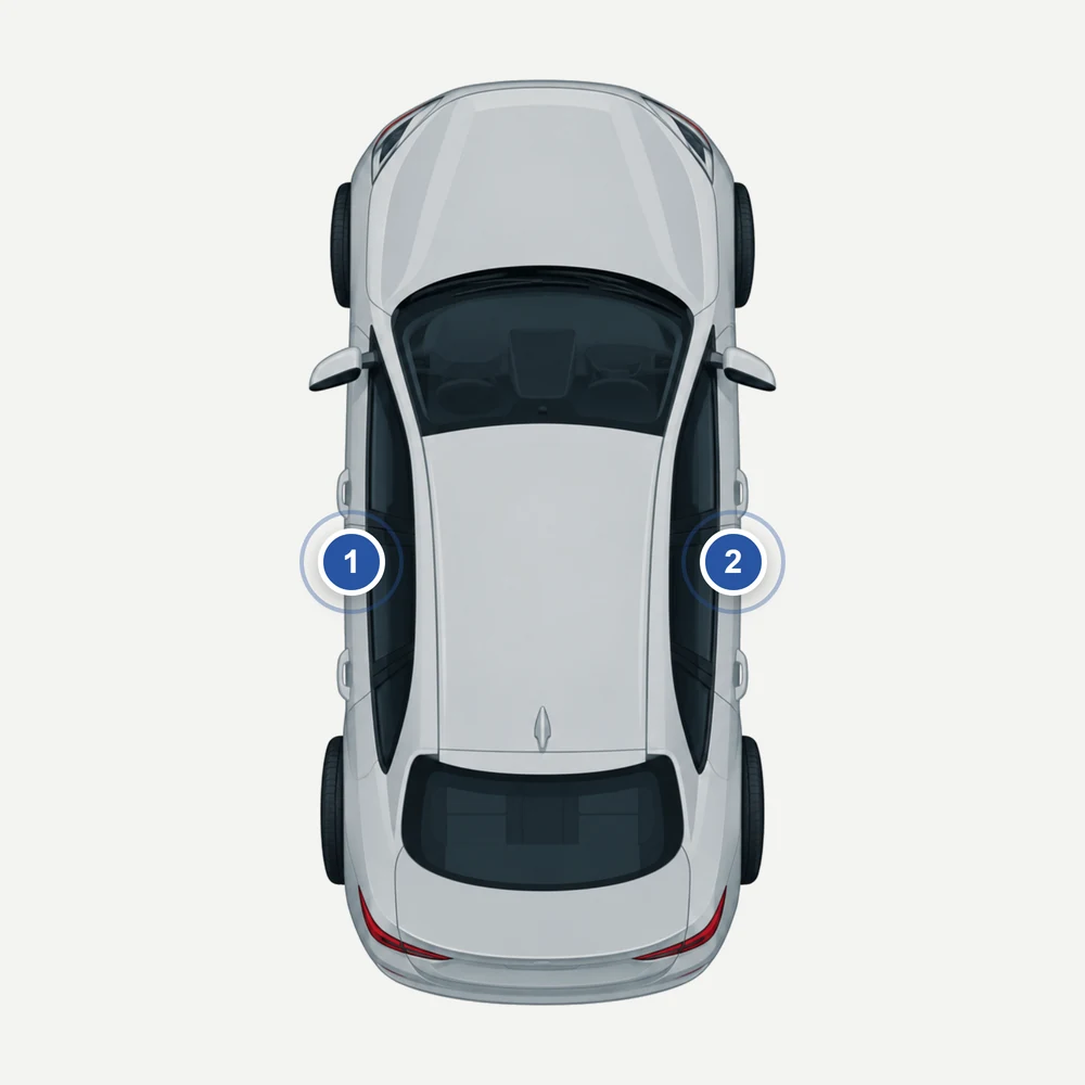 Tesla von oben: Markierung 1 Türholm Fahrerseite, Markierung 2 Türholm Beifahrerseite