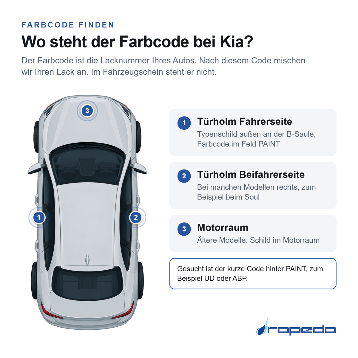Kia von oben: Markierung 1 Türholm Fahrerseite, Markierung 2 Türholm Beifahrerseite, Markierung 3 Motorraum