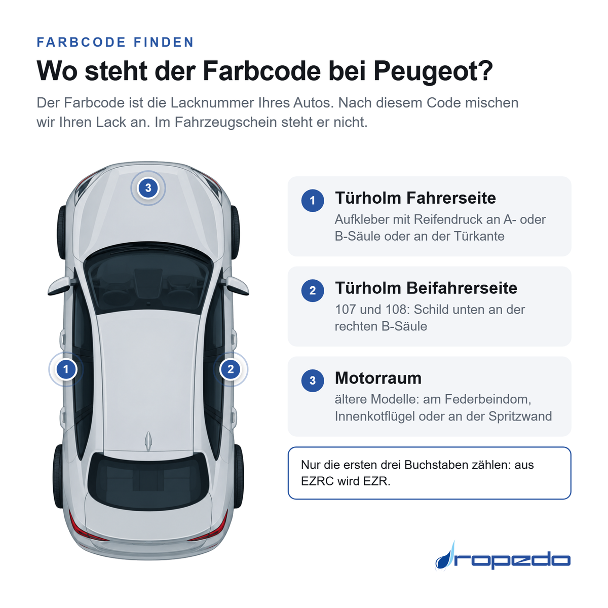 Peugeot von oben: Markierung 1 Türholm Fahrerseite, Markierung 2 Türholm Beifahrerseite, Markierung 3 Motorraum