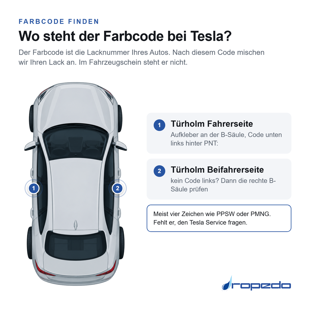 Tesla von oben: Markierung 1 Türholm Fahrerseite, Markierung 2 Türholm Beifahrerseite