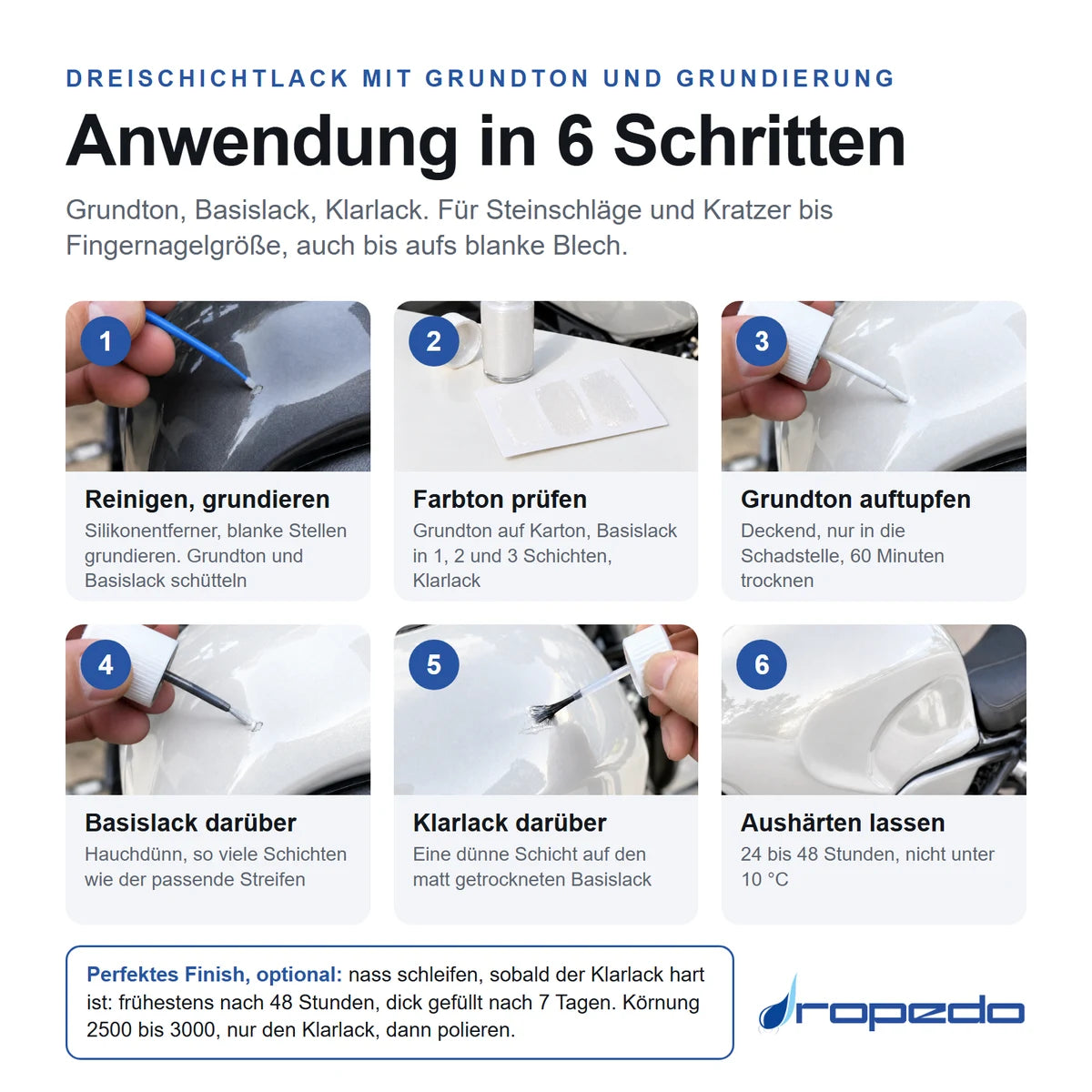 Anwendung in 6 Schritten, Dreischichtlack mit Grundton und Grundierung