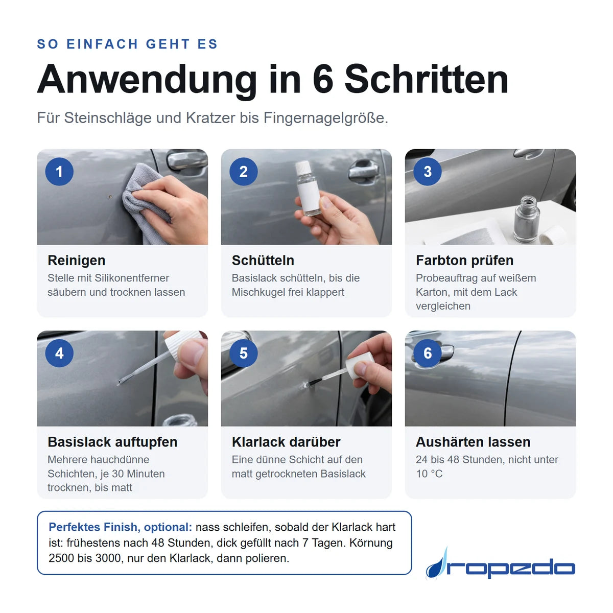 Anwendung in sechs Schritten: reinigen, schütteln, Farbton prüfen, Basislack auftupfen, Klarlack darüber, aushärten lassen