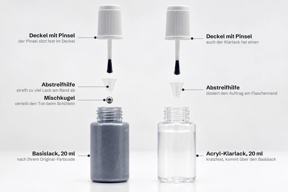 Aufbau eines dropedo Lackstifts: Deckel mit Pinsel, Abstreifhilfe, Flasche mit 20 ml und Mischkugel