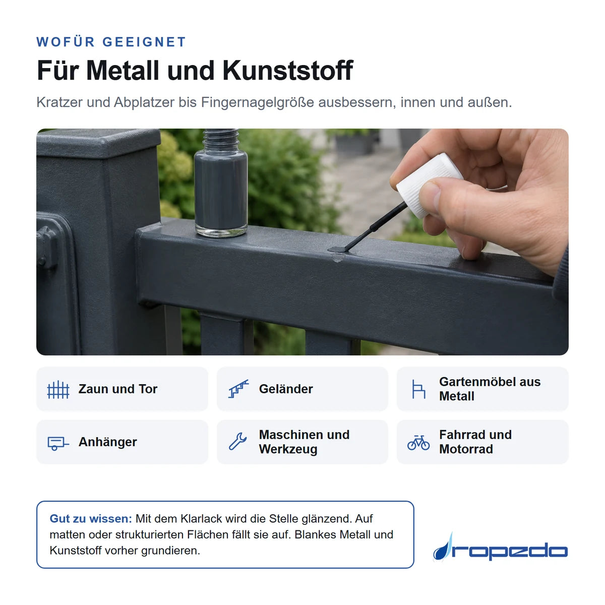 Wofür geeignet: RAL-Lackstift für Metall und Kunststoff, etwa Zaun, Tor, Geländer, Gartenmöbel, Anhänger, Maschinen, Fahrrad und Motorrad; die Stelle wird glänzend, blankes Metall vorher grundieren
