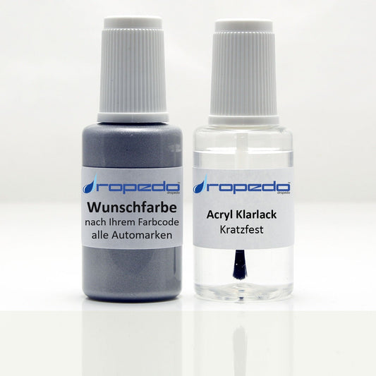 Lackstift-Set in Wunschfarbe nach Ihrem Farbcode für alle Automarken, 20 ml Basislack und 20 ml Klarlack