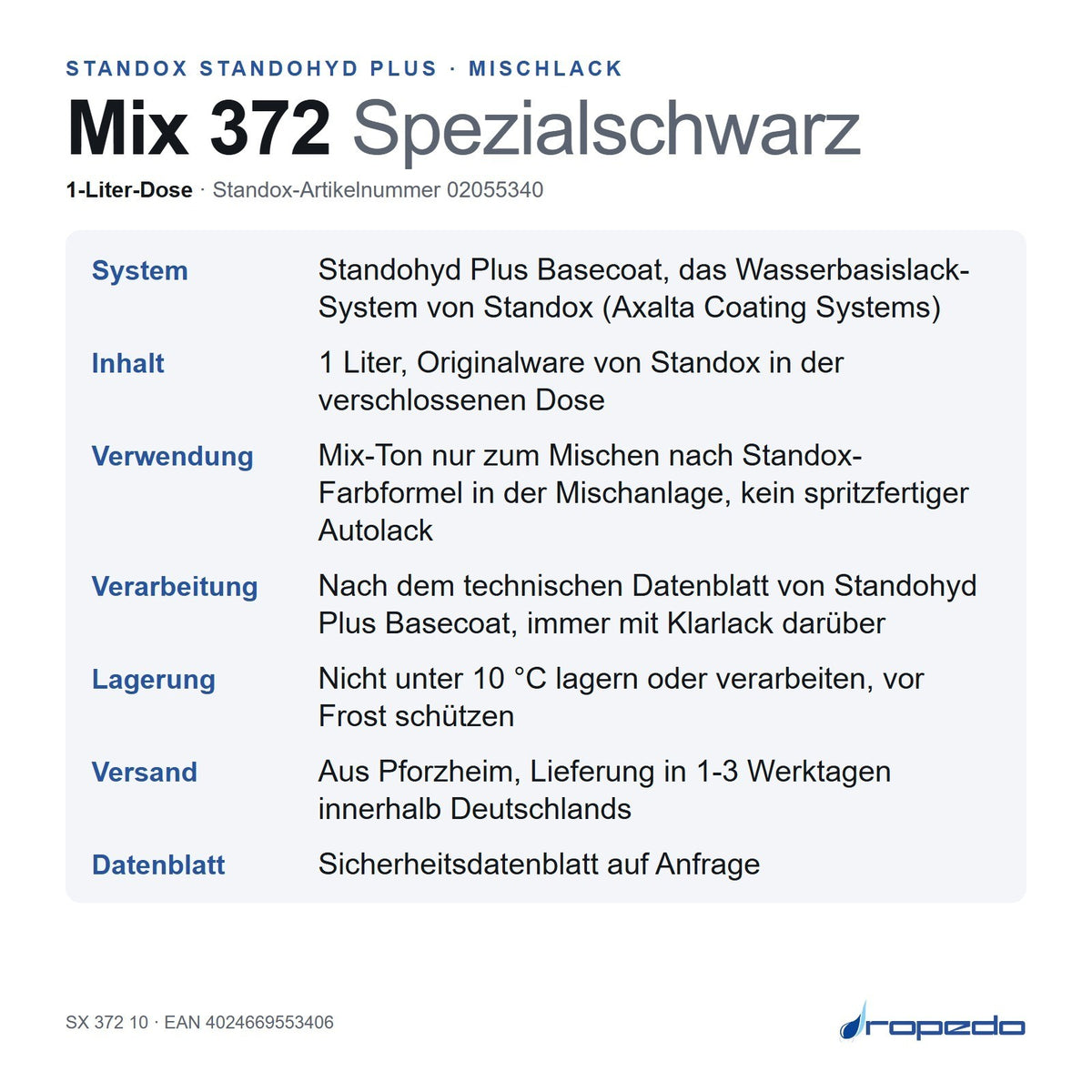 Infotafel Standox Mix 372 Spezialschwarz, 1-Liter-Dose: System, Inhalt, Verwendung, Lagerung, Versand