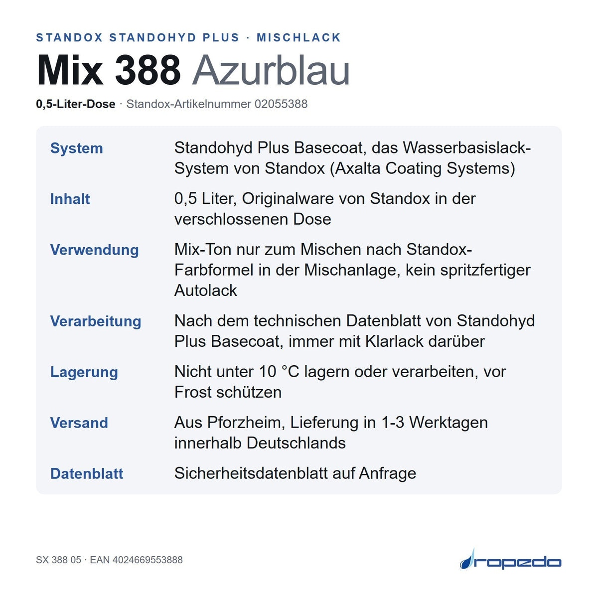 Infotafel Standox Mix 388 Azurblau, 0,5-Liter-Dose: System, Inhalt, Verwendung, Lagerung, Versand