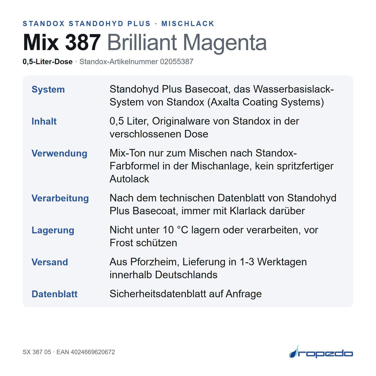 Infotafel Standox Mix 387 Brilliant Magenta, 0,5-Liter-Dose: System, Inhalt, Verwendung, Lagerung, Versand