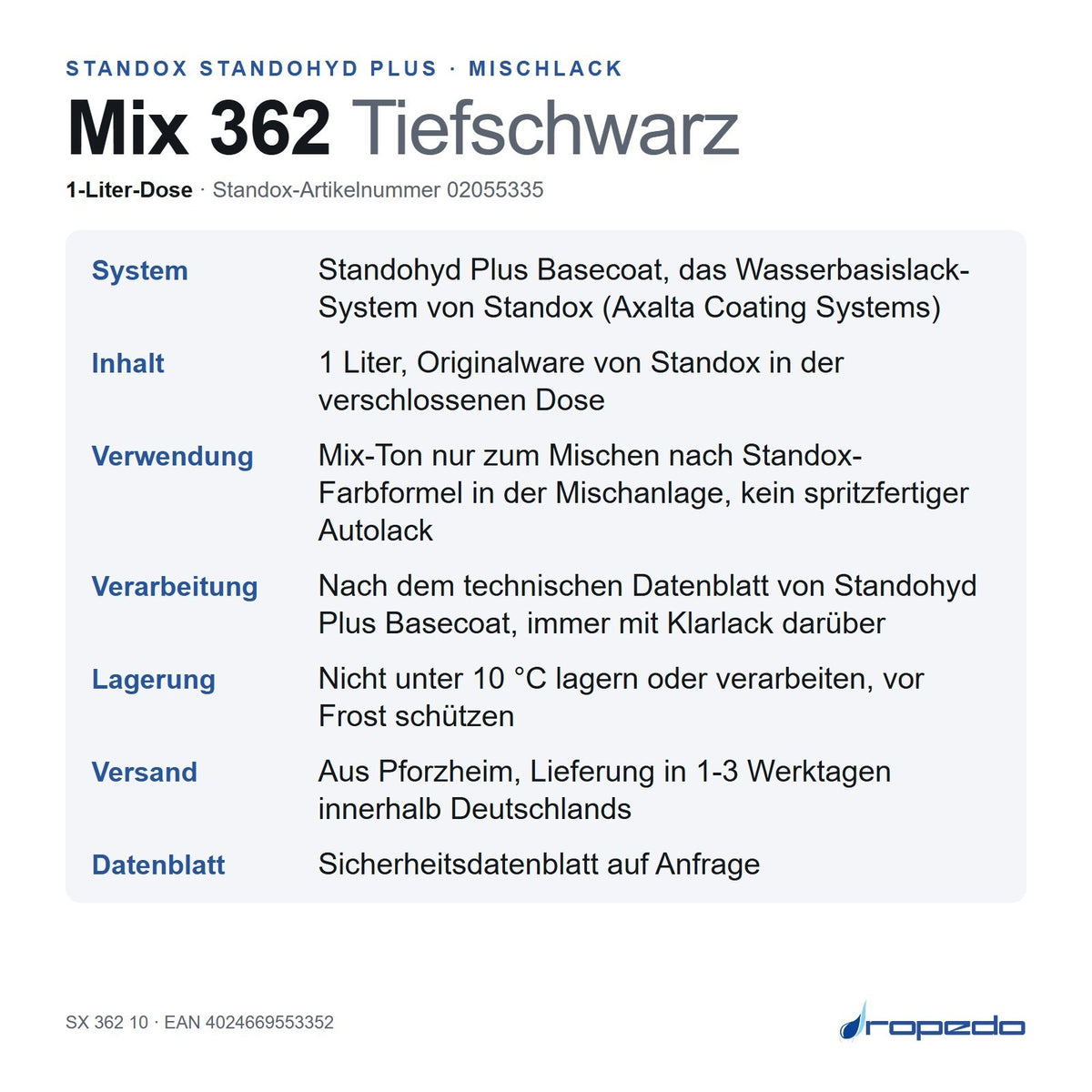 Infotafel Standox Mix 362 Tiefschwarz, 1-Liter-Dose: System, Inhalt, Verwendung, Lagerung, Versand
