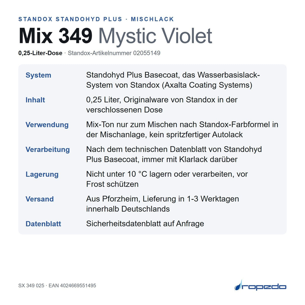 Infotafel Standox Mix 349 Mystic Violet, 0,25-Liter-Dose: System, Inhalt, Verwendung, Lagerung, Versand