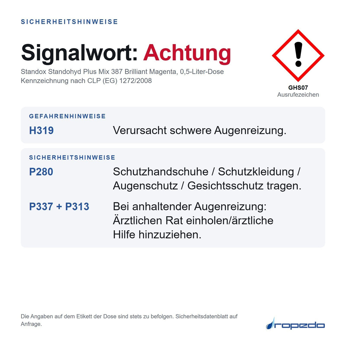 Sicherheitshinweise Standox Mix 387 Brilliant Magenta: Signalwort Achtung, GHS07, H319, P280, P337 + P313