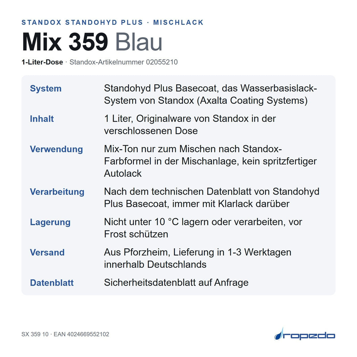 Infotafel Standox Mix 359 Blau, 1-Liter-Dose: System, Inhalt, Verwendung, Lagerung, Versand