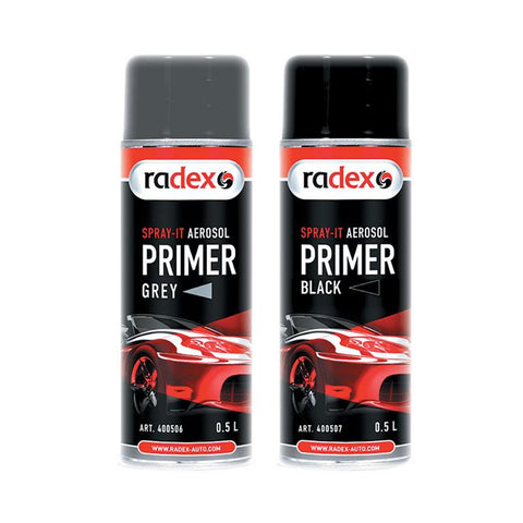 Radex Spray-It Aerosol Primer Dosen in Schwarz und Grau