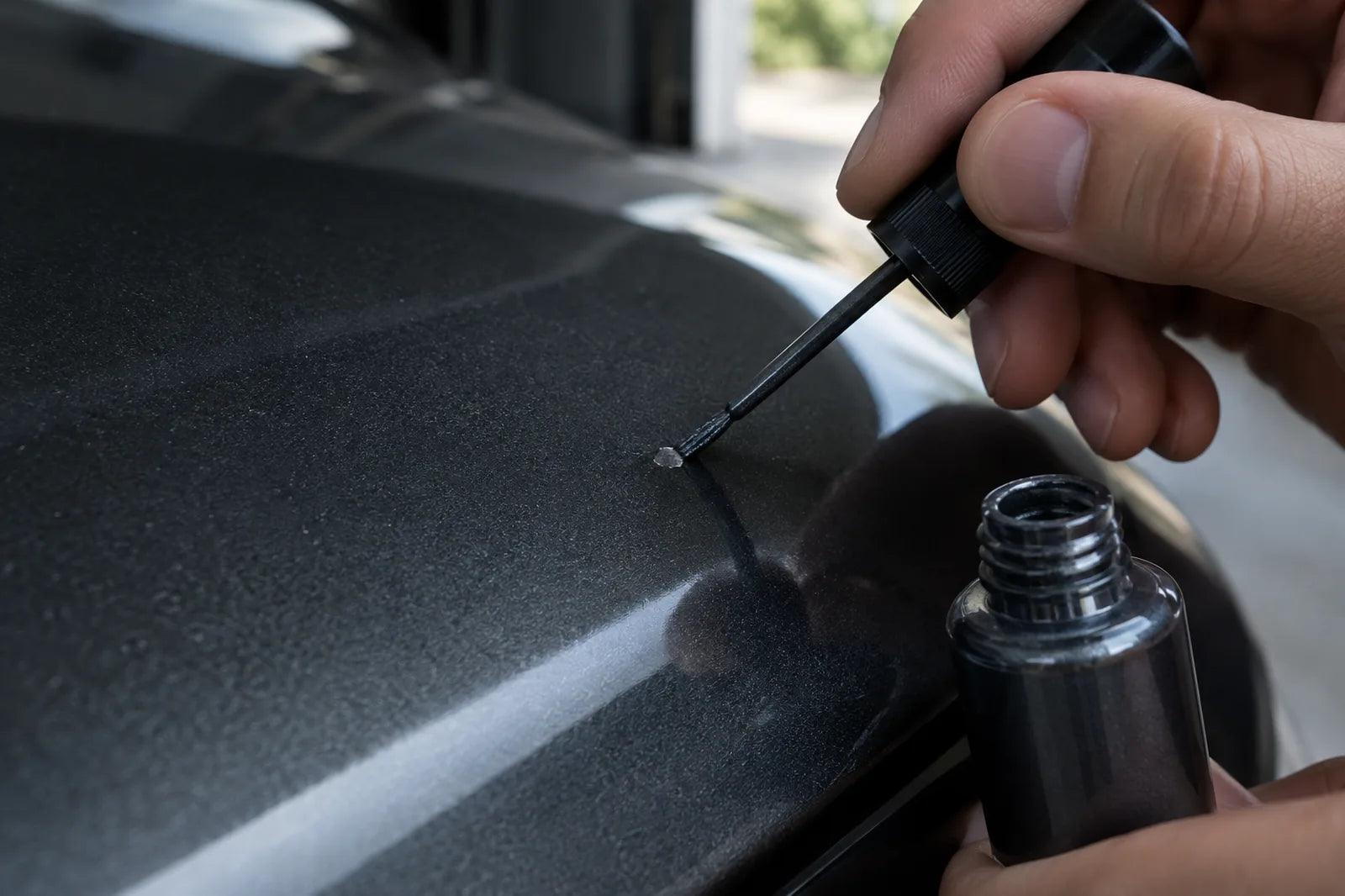 Der feine Pinsel eines Lackstifts setzt auf einem Steinschlag an einer dunklen Motorhaube auf.