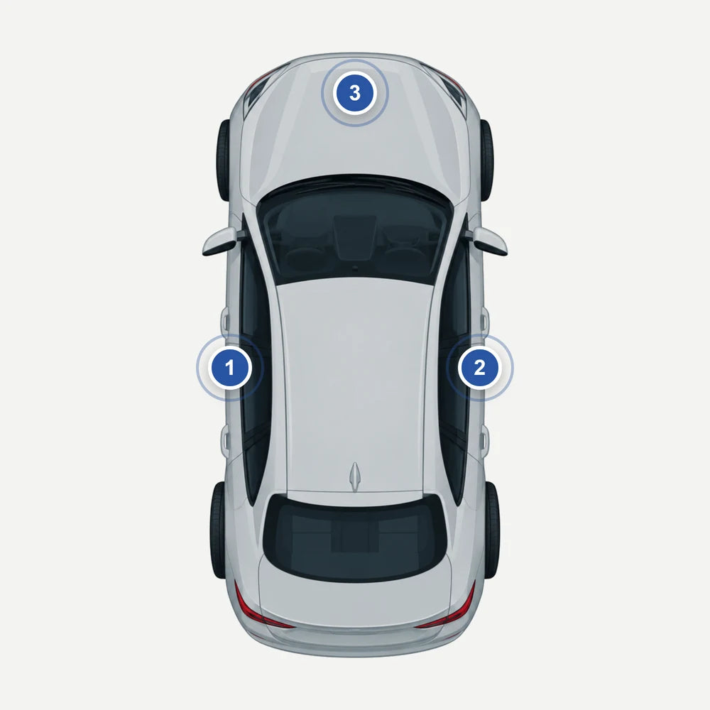 Wo steht der Farbcode bei Kia: Auto von oben mit 3 markierten Stellen