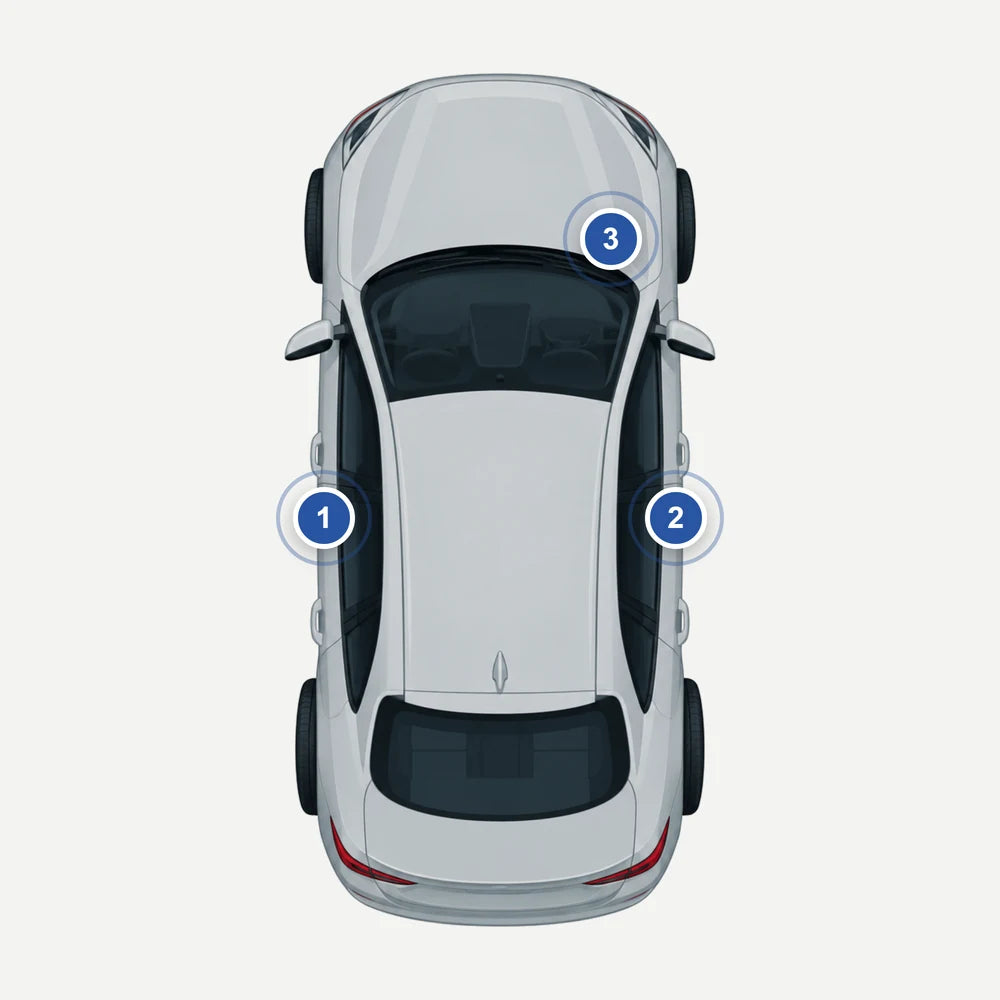 Wo steht der Farbcode bei Mini: Auto von oben mit 3 markierten Stellen