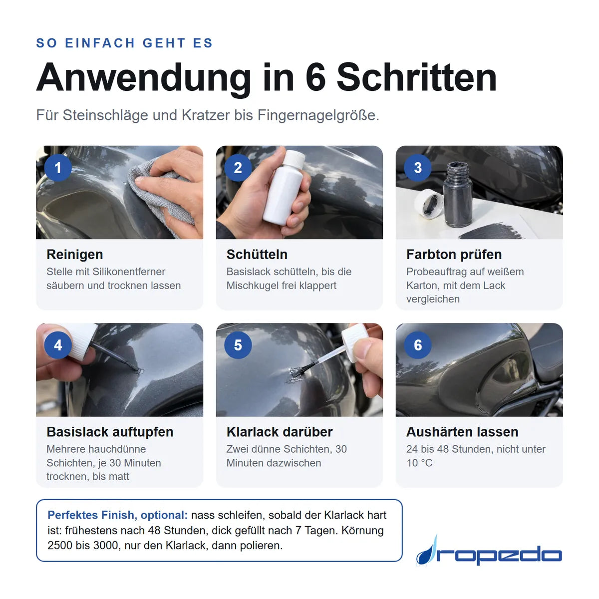 Anwendung in sechs Schritten: reinigen, schütteln, Farbton prüfen, Basislack auftupfen, Klarlack darüber, aushärten lassen